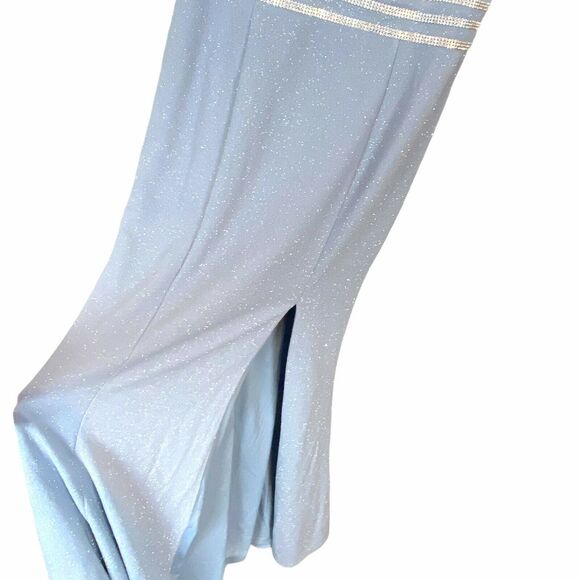 Cachet Evening Gown Dress Prom Blue Deep Plunge Neck Front Slit Formal Size 8 - Picture 6 of 15